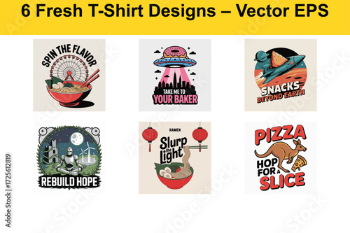 Collection of six creative graphic t-shirt designs for apparel printing and fashion featuring unique artwork and typography for commercial use vector