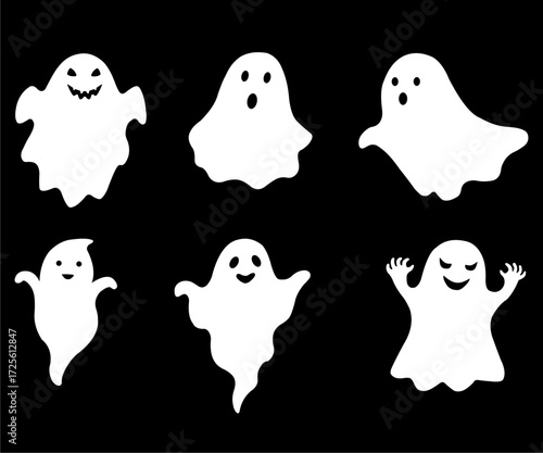 Black halloween funny spooky ghost silhouettes vector illustration isolated on white background