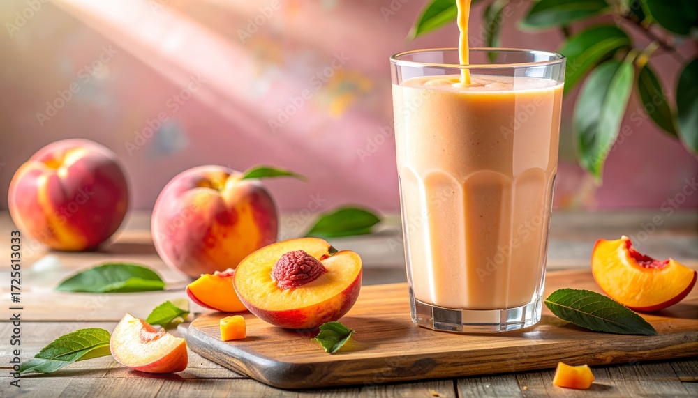 Fototapeta premium Refreshing peach smoothie with fresh peaches