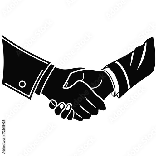 Close up black and white illustration of two business people shaking hands firmly in agreement and partnership