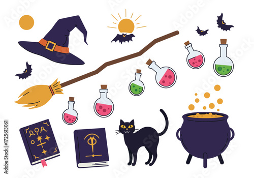 Vector art of a whimsical Halloween scene featuring a witches' hat, black cats, a bat, a pumpkin, potion bottles, spellbooks, a cauldron, a broom, scissors, and a ghost, all set against a clean white 