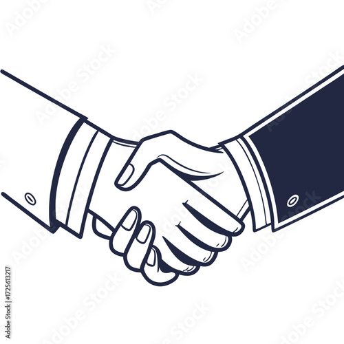 Two business people in suits shaking hands in a gesture of agreement and partnership with a clean white background