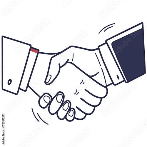 Two business people in suits shaking hands in agreement with a red accent on one cuff