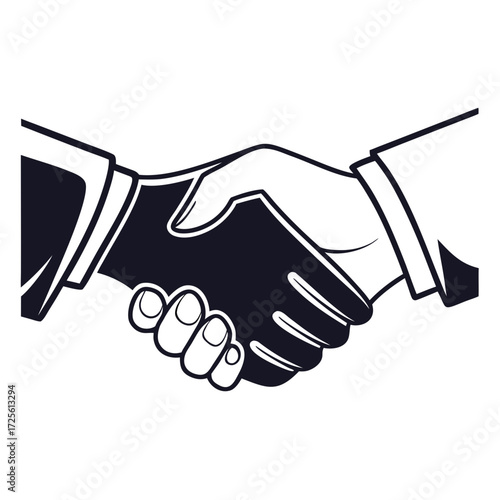 Two business people in suits shaking hands in a classic black and white illustration symbolizing agreement and partnership