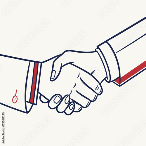 Two business people shaking hands in a formal agreement with a simple line drawing style and red accents