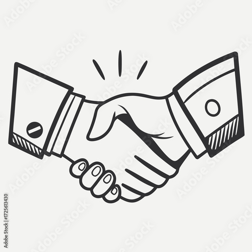 Two hands shaking in a business handshake gesture with lines radiating from the point of contact symbolizing agreement and partnership