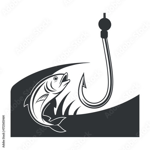 Jumping fish and fishing hook vector silhouette angling logo bait catch lake water sport emblem icon