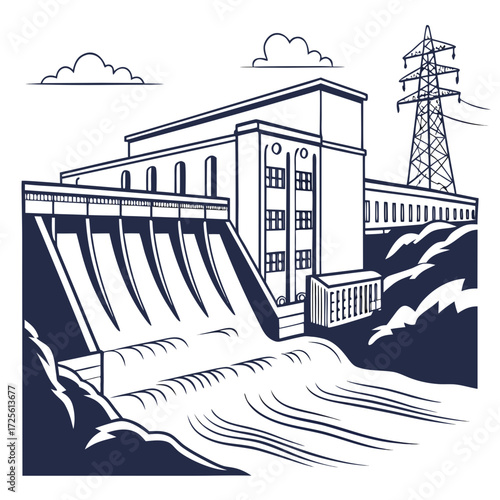 Hydroelectric power plant with a large dam and flowing water creating electricity near a transmission tower