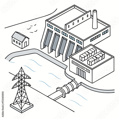 Isometric illustration of a hydroelectric power plant with a dam turbine and transmission tower generating clean energy