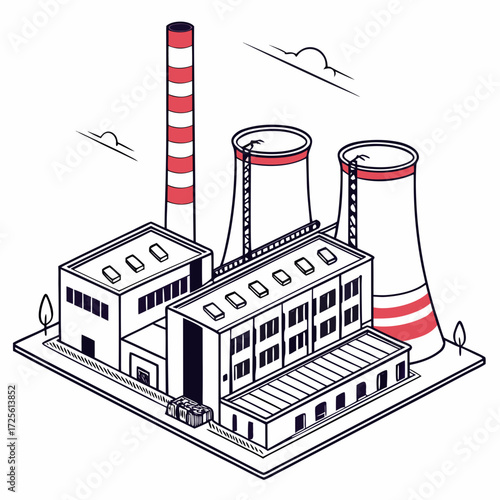 Isometric illustration of a modern industrial power plant with cooling towers and a smokestack against a white background