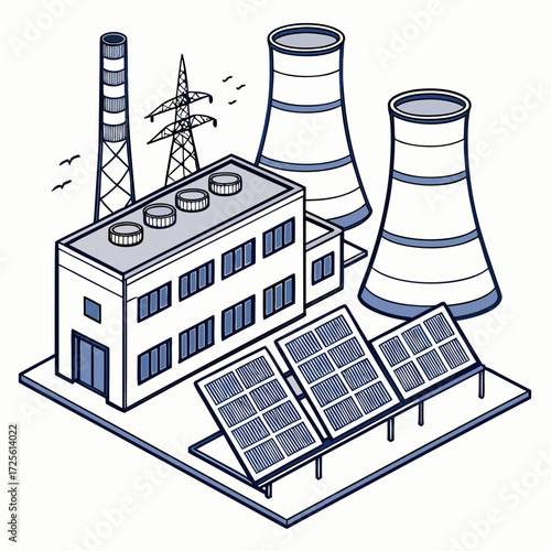 Modern industrial complex featuring solar panels cooling towers and a tall chimney against a white background