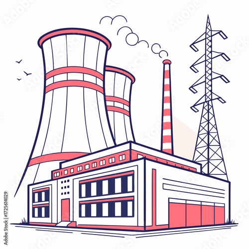 Modern industrial power plant with cooling towers smokestack and electricity pylon against a white background
