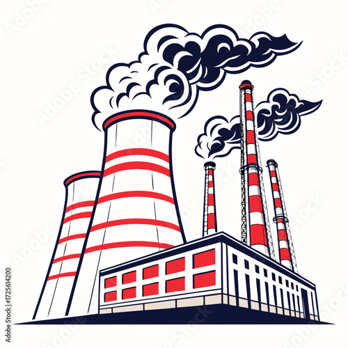 Stylized illustration of a power plant with cooling towers and smokestacks emitting dark plumes of smoke against a white background