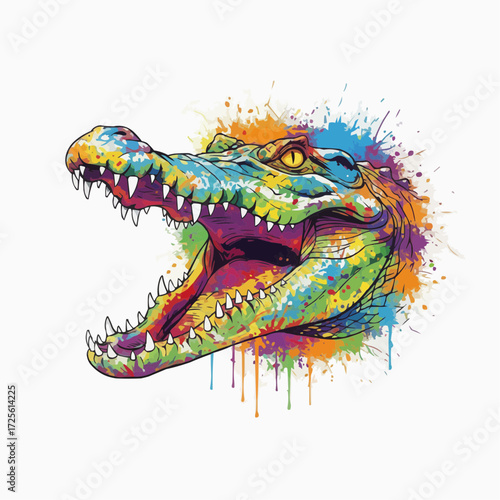 Colorful Alligator Head with Open Mouth Splash Art Illustration on White Background