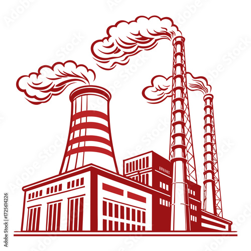 Stylized red industrial factory building with multiple smokestacks emitting plumes of smoke against a white background