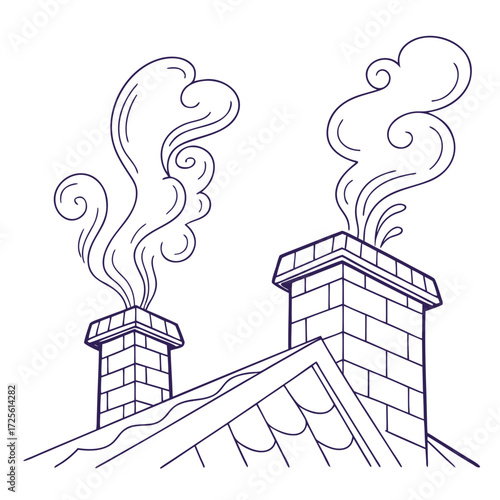 Two brick chimneys on a roof emitting stylized smoke plumes against a white background line art illustration