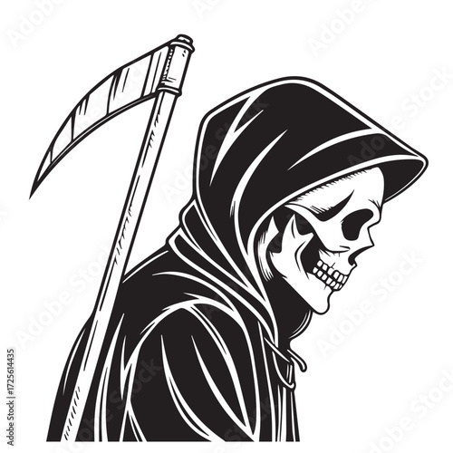 A striking black and white illustration isolated on white background portrays a grim reaper with a skull face and a scythe, cloaked in a hooded robe, symbolizing death and the macabre