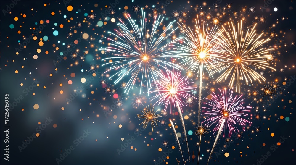 Naklejka premium Festive Fireworks Celebration with Glittering Bokeh Lights.