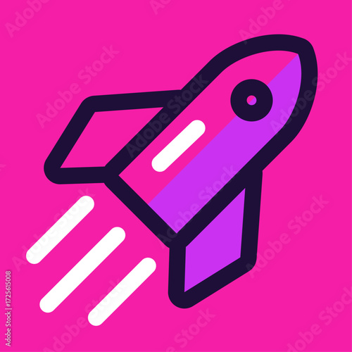 Purple rocket launching into space with white smoke trails against a bright pink background