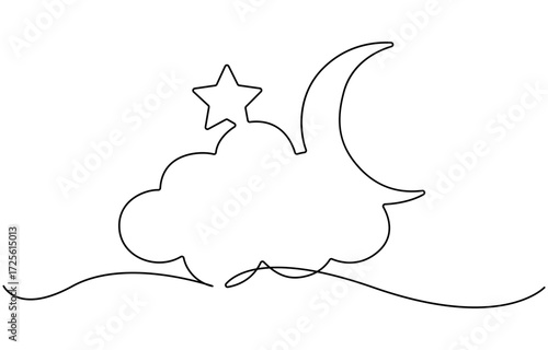 continuous one line drawing of a crescent moon a simple night sky.