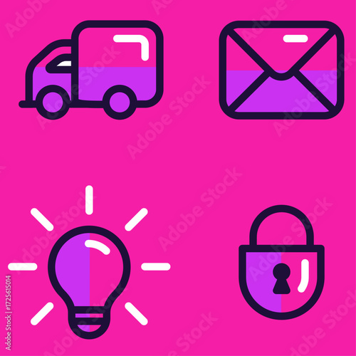 Set of Four Flat Icons Delivery Truck, Envelope, Light Bulb, and Padlock on Pink Background