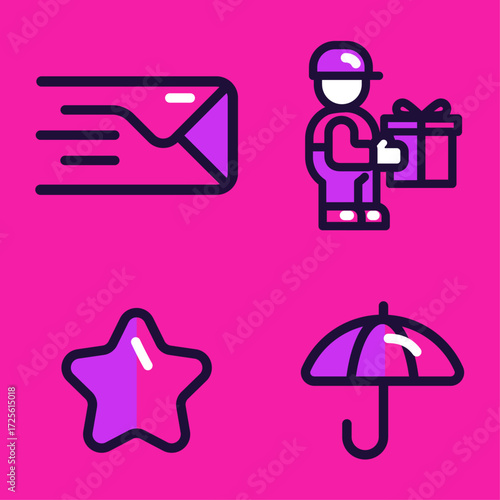 Illustration of delivery and service icons on a pink background, including envelope, gift, star, and umbrella