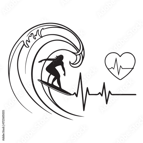 A surfer rides a wave with a heartbeat line and heart symbol, conveying a love for surfing isolated on white background the wave is large and powerful