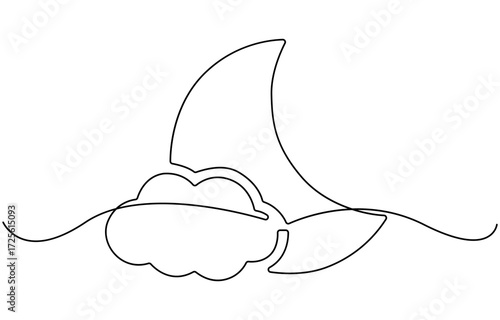 continuous one line drawing of a crescent moon a simple night sky.
