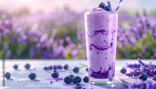 Delicious blueberry smoothie with fresh blueberries and lavender