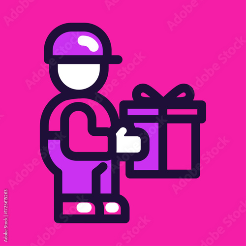 Delivery person in uniform holding a gift box, concept of surprise and gifting