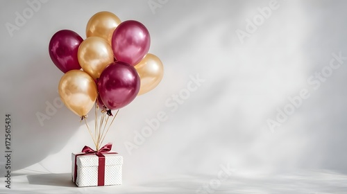 A festive bunch of gold and burgundy balloons tied to a decorated gift box against a minimalist white studio background