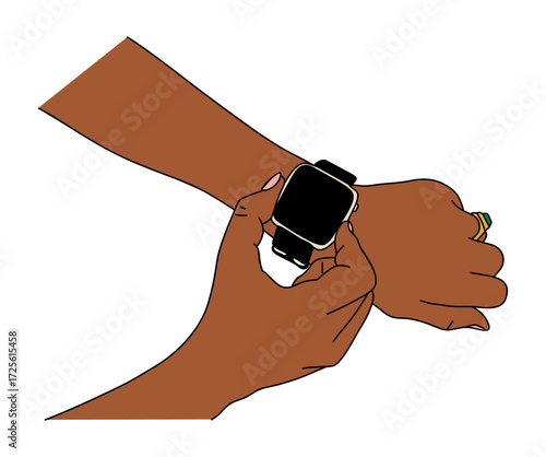 Dark skinned female hands with manicure and gold ring, wearing smartwatch, touching device, hand-drawn colored outline vector illustration isolated on transparent background