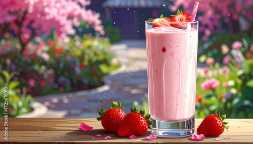  Refreshing strawberry smoothie in a lush garden setting