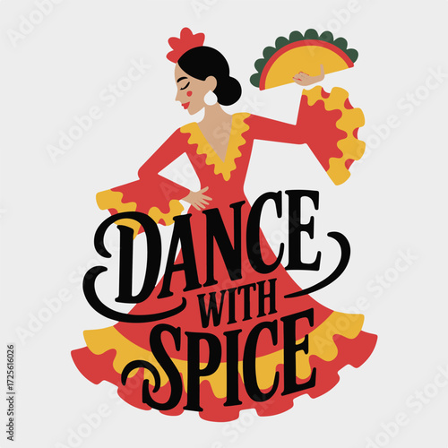 Fiery flamenco dancer with taco headdress embraces 'dance with spice' typography spanish culture vector