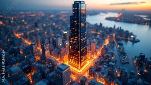 Aerial View of Urban Skyline at Sunset with Skyscraper and River