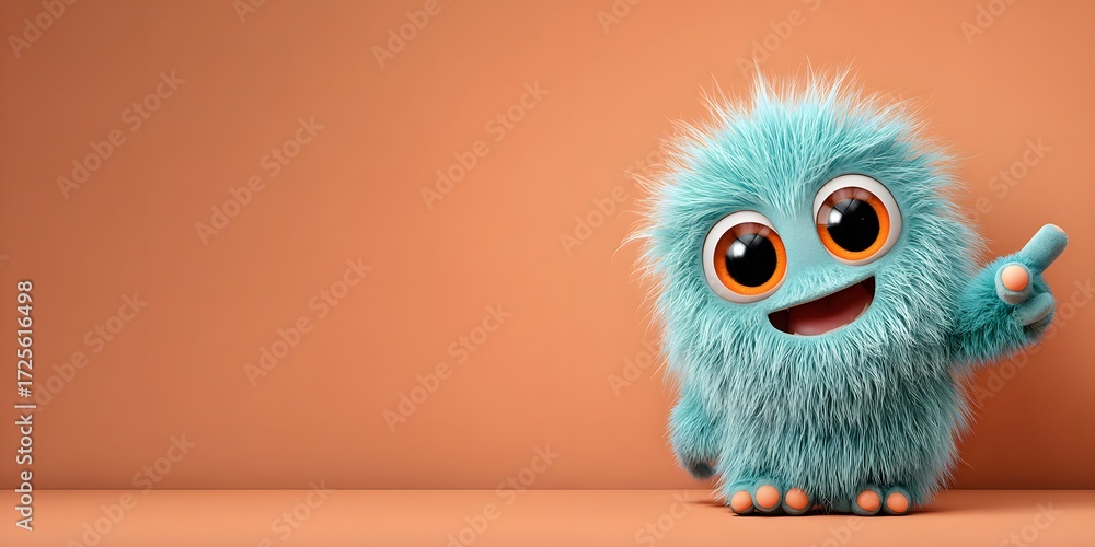 Fototapeta premium Cute fluffy character with big eyes and happy expression on beige background
