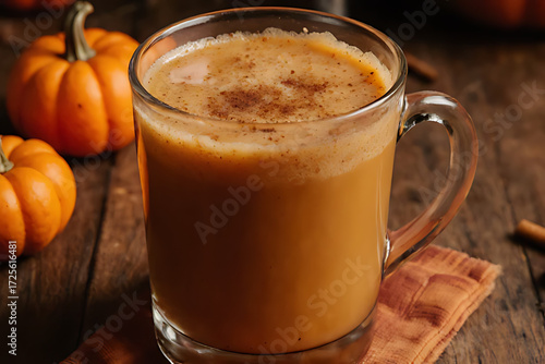 Pumpkin Spice Latte in Glass Mug with Cinnamon Stick and Whipped Foam — Cozy Autumn Beverage for Coffee Shops or Seasonal Marketing