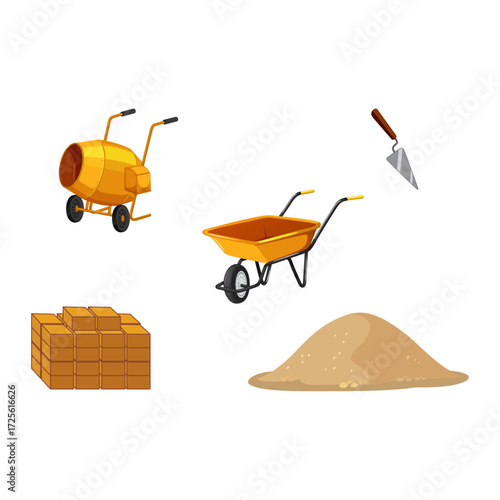 Construction Materials with Cement Mixer and Wheelbarrow on White Background