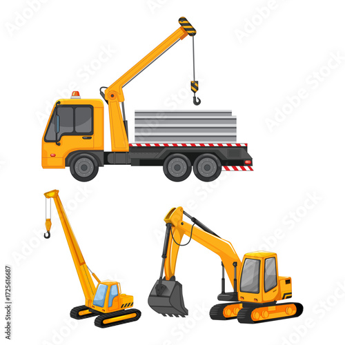 Set of yellow construction vehicles including an excavator, crane truck, and mobile crane