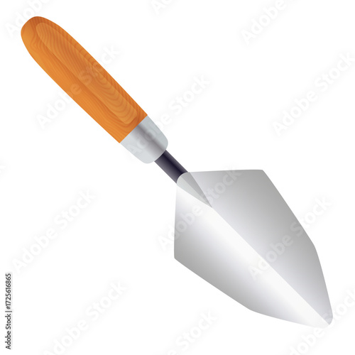 Realistic vector graphic of a masonry trowel tool with a classic wood handle on a clean white background