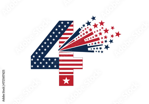 Vector illustration of number 4 stylized with american flag pattern and bursting stars