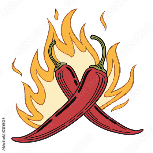 Two red chili peppers crossed in front of vibrant flames, creating a fiery and spicy image isolated on white background the peppers are depicted with detail and color