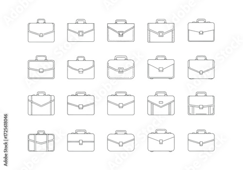 Vector illustration of a collection of 20 different briefcase outlines isolated on a, representing business and travel