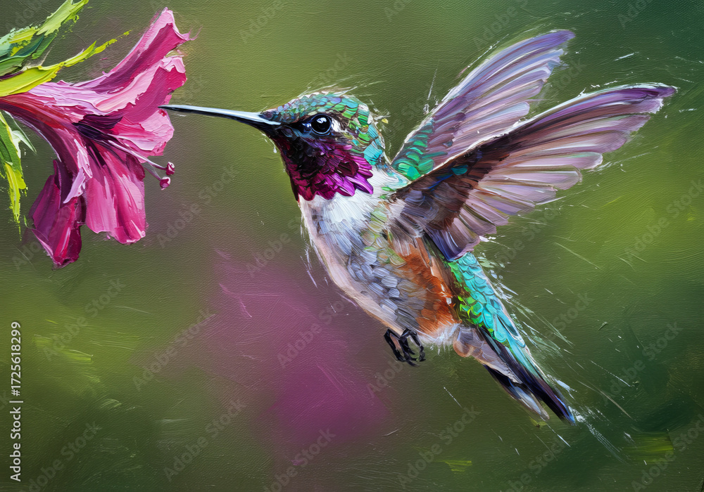 Fototapeta premium Expressive oil painting of a hummingbird hovering near a flower, rapid brushstrokes capturing energy and delicacy.