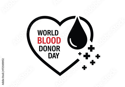 Vector illustration of world blood donor day logo featuring a heart shape with a blood drop and plus signs, symbolizing donation and life