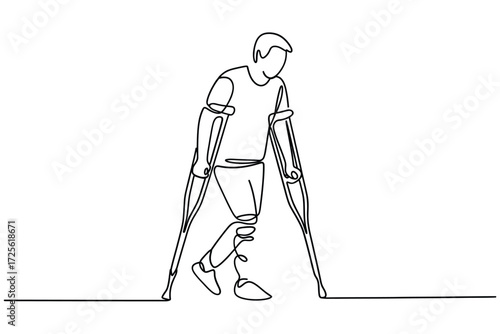Man with crutches and prosthetic leg walking with determination
