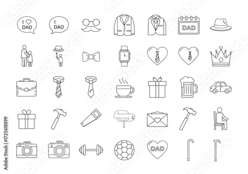 Vector illustration of set of handdrawn icons celebrating fatherhood, including dadrelated symbols and activities
