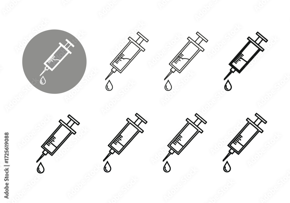 Obraz premium Vector illustration of multiple syringe icons with a droplet of liquid, representing medical treatment or vaccination