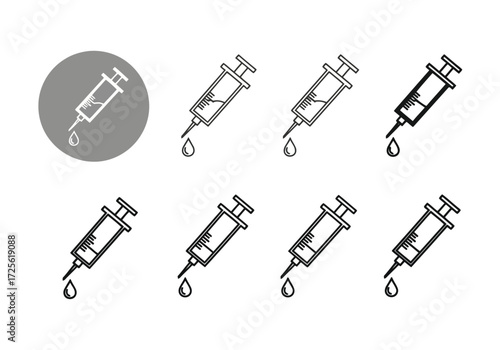 Vector illustration of multiple syringe icons with a droplet of liquid, representing medical treatment or vaccination
