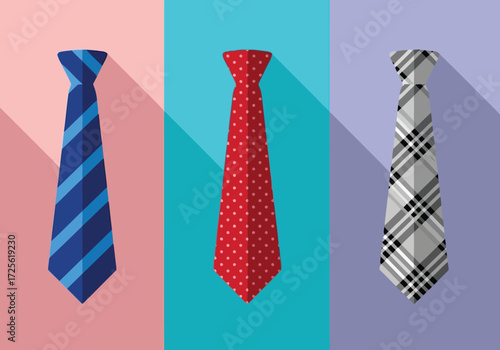 Vector illustration of three stylish neckties with different patterns and colors displayed on a pastel background with long shadows, representing fashion and formal wear